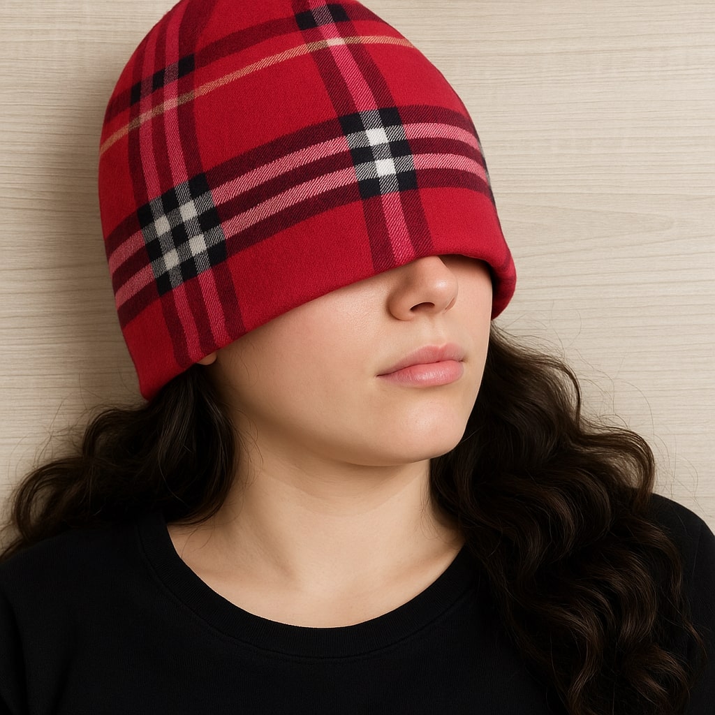 Person with red plaid sleeping hat